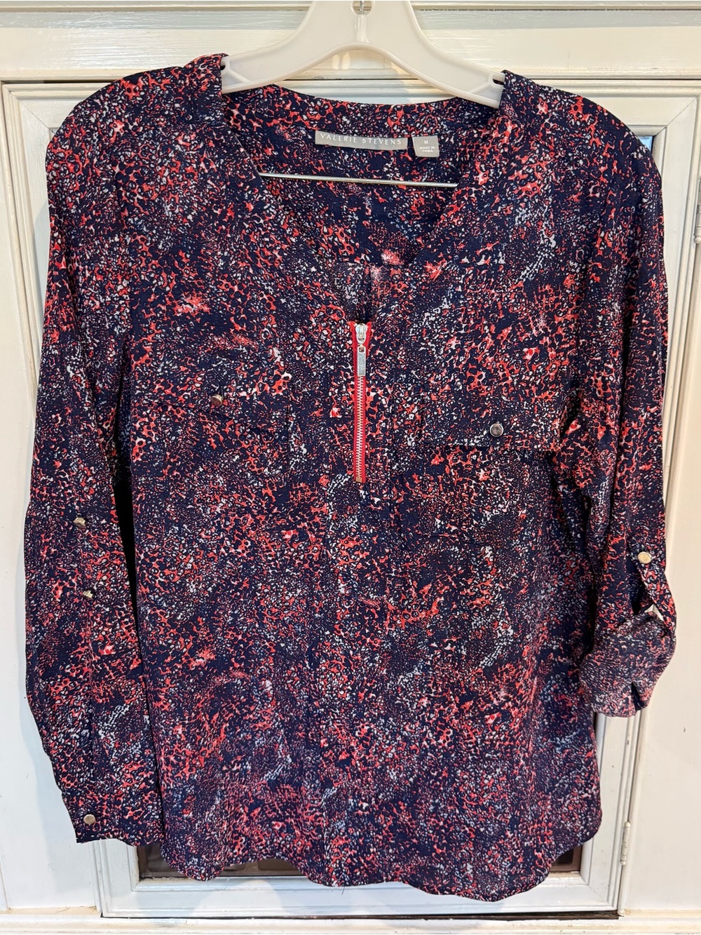 Valerie Stevens Navy and Coral Speckled Zip-Front Pullover
